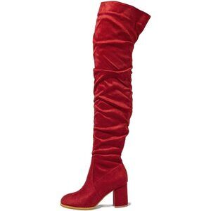 Women Red Suede Leather Pull On Side Zipper Chunky Block Heel Thigh High Boots